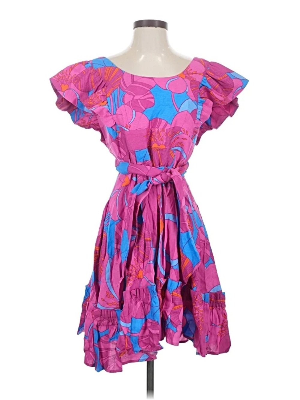Tuckernuck Pink and Blue Floral Ruffle Tie-Waist Mini Dress